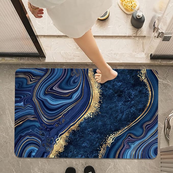 Bath Mat Rug, Dark Blue Gold marbleNon Slip Quick Dry Super Absorbent Thin - Image 7