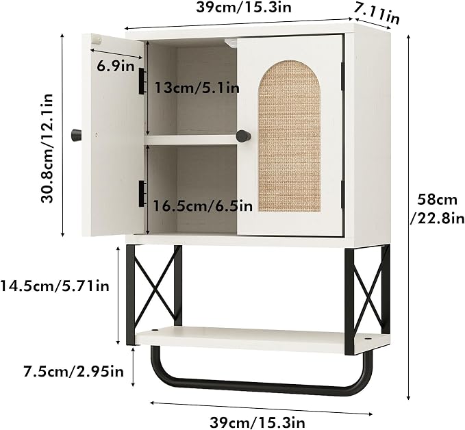 RUSTOWN Rattan Bathroom Wall Cabinet, Boho Over The Toilet Storage Cabinet - Image 2