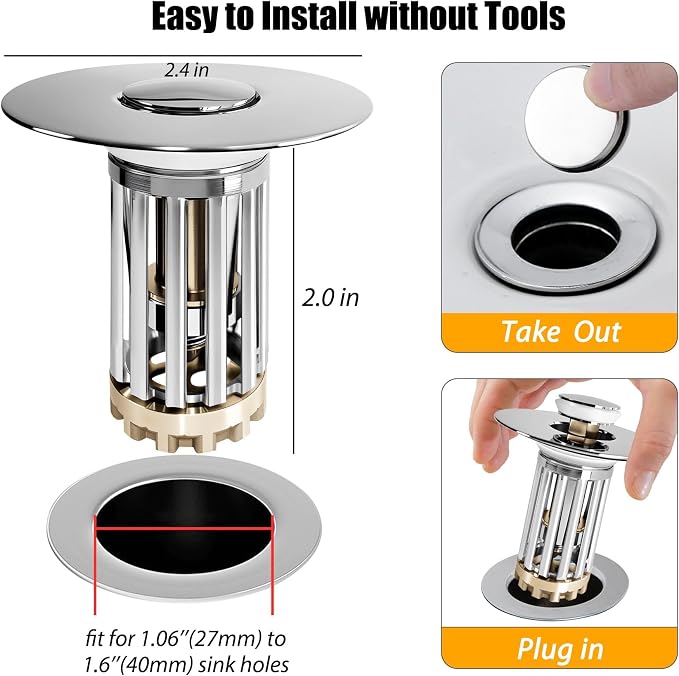 Bathroom Sink Drain Strainer, 3 in 1 Pop Up Bathroom Sink Stopper - Image 4