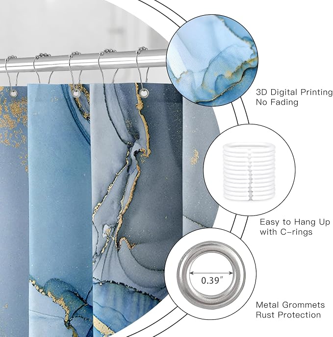 Blue Marble Shower Curtain 60x72, Modern Abstract Fabric Shower Curtains - Image 5
