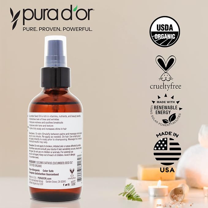 PURA D'OR 4 Oz Organic Cucumber Seed Oil100% Pure USDA Certified Premium Grade - Image 5