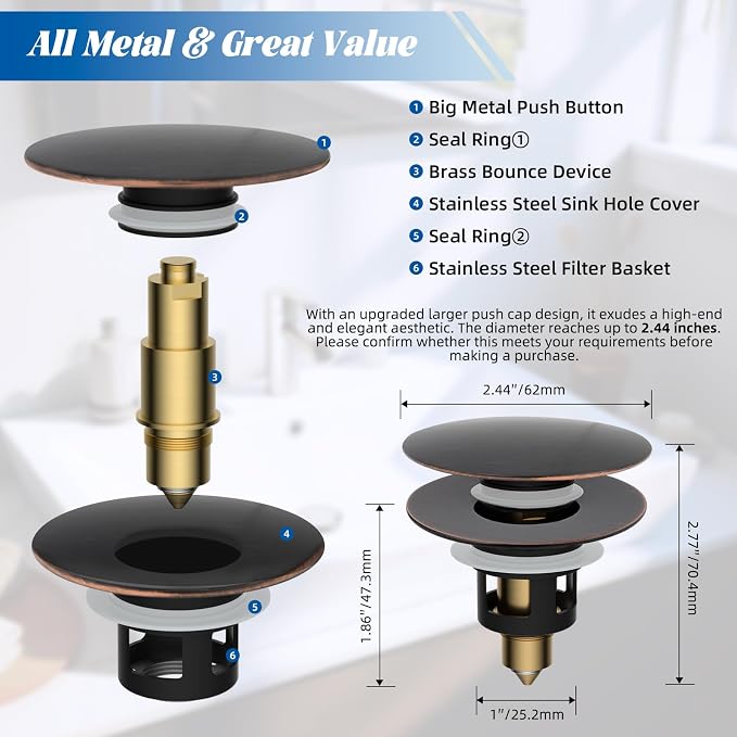 Hibbent All Metal 2 in 1 Bathroom Sink Stopper, Universal Pop Up Drain Strainer - Image 7