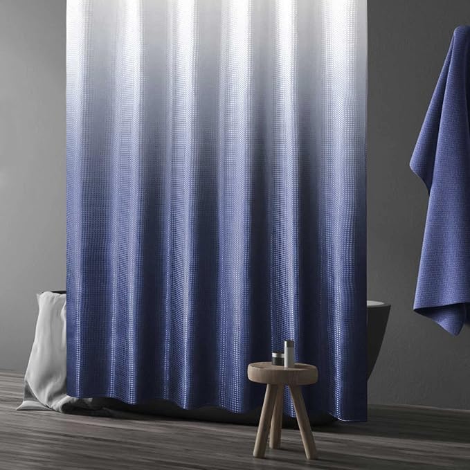 Gibelle Waffle Weave Ombre Fabric Shower Curtain Navy Blue Bathroom Decor - Image 2