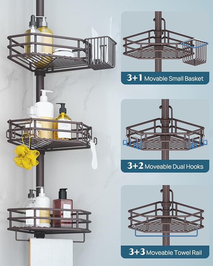 SEIRIONE Corner Shower Caddy Tension Pole, Adjustable Shower Organizer Corner - Image 5