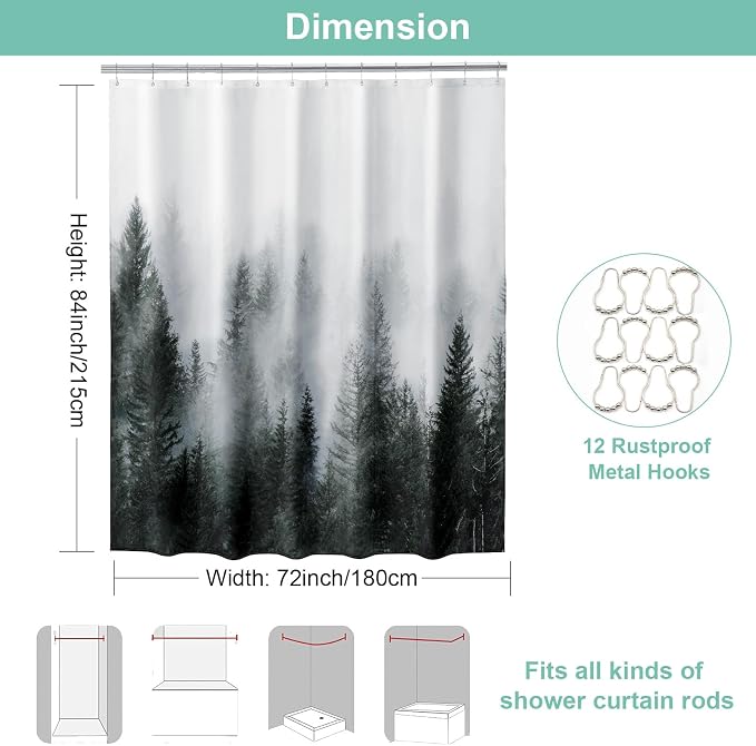 ORTIGIA 84 Inch Long Dark Green Misty Forest Shower Curtain - Image 2
