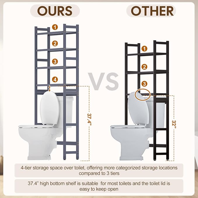 Over The Toilet Storage with 2 Baskets, 4-Tier Bamboo Organizer Rack with Paper - Image 3