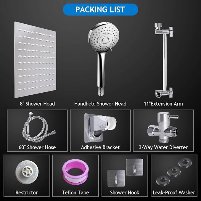 Shower Head Combo, 8 Inch High Pressure Rain Shower Head - Image 7