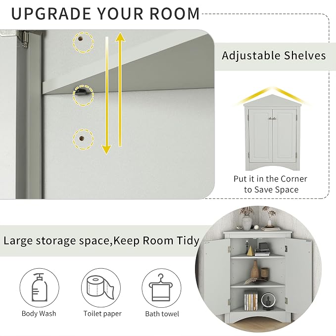 Corner Storage Cabinet with Adjustable Shelves, Triangle Bathroom & Kitchen - Image 5