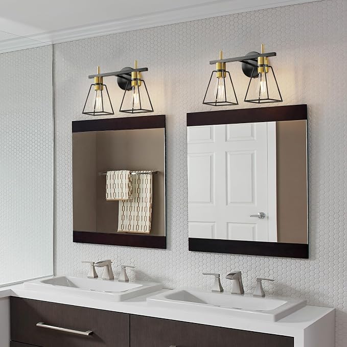 Industrial Bathroom Vanity Lights: 2 Lights Black and Gold Vintage Metal Cage - Image 3