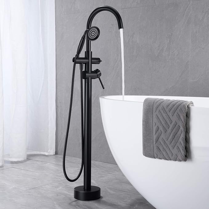 Tub Filler Freestanding Bathtub Faucet Black Floor Mounted Brass Bathroom Tub - Image 3