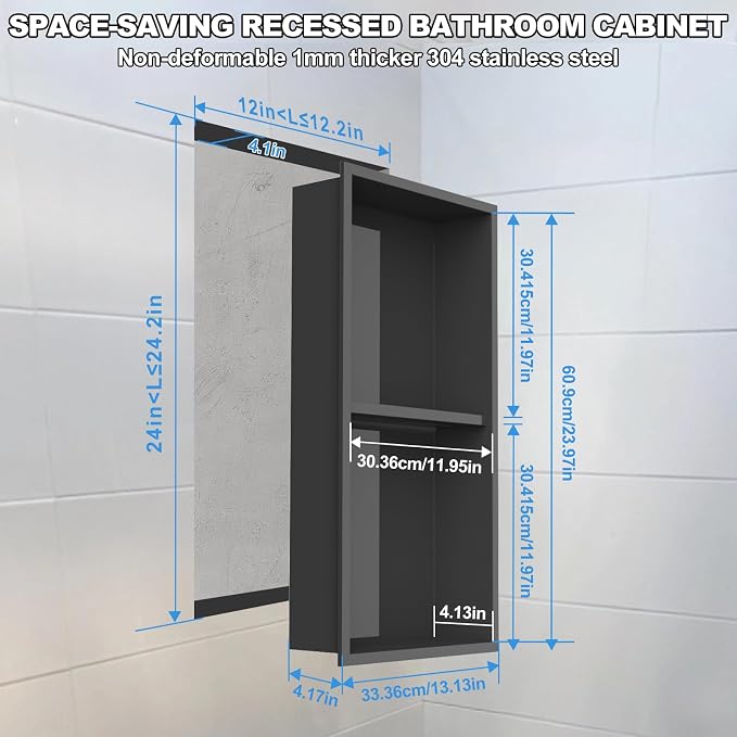 304 Stainless Steel Shower Niche Insert-Glossy Black 24 x 12" No Tile Needed - Image 2