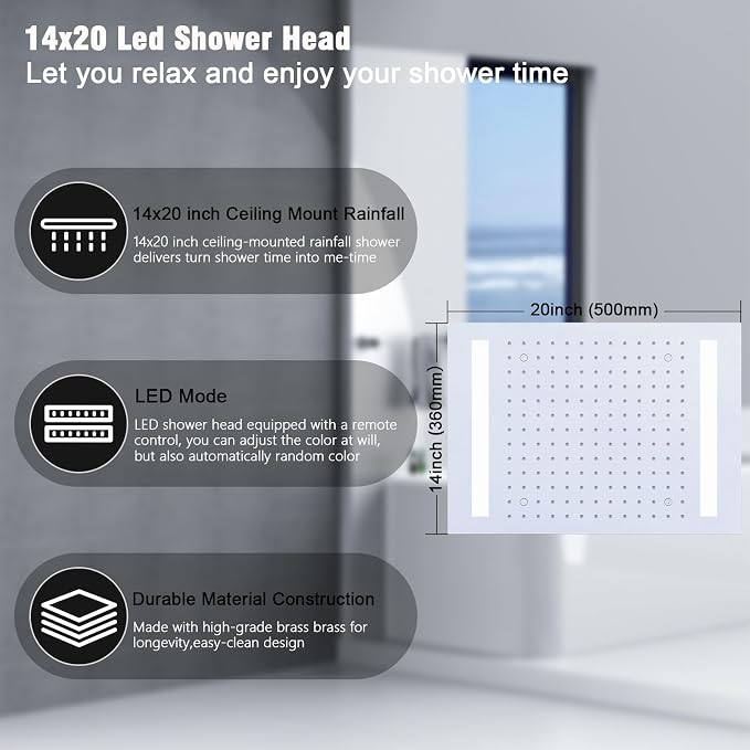 Rain Shower Head System with 14x20 Inch Ceiling Mount LED Head & 6 Inch Wall - Image 3