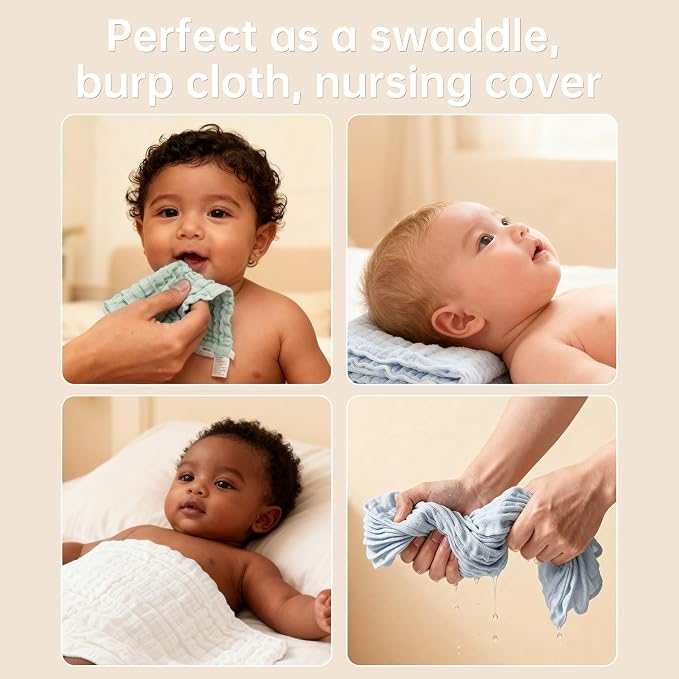 Organic Muslin Baby Washcloths 6 Pack Baby Bath Face Towel 12x12 Inch Extra - Image 3