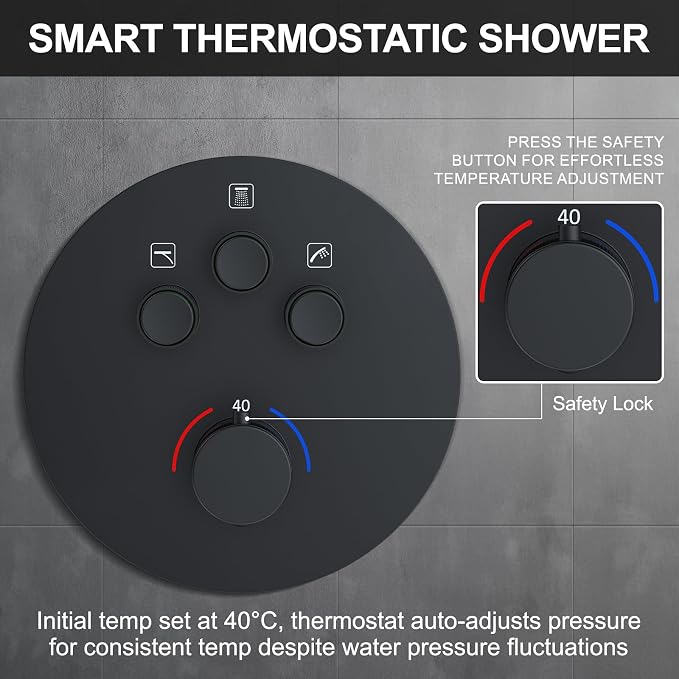 KOJOX Matte Black Thermostatic Shower System, Push Button Diverter Shower - Image 5