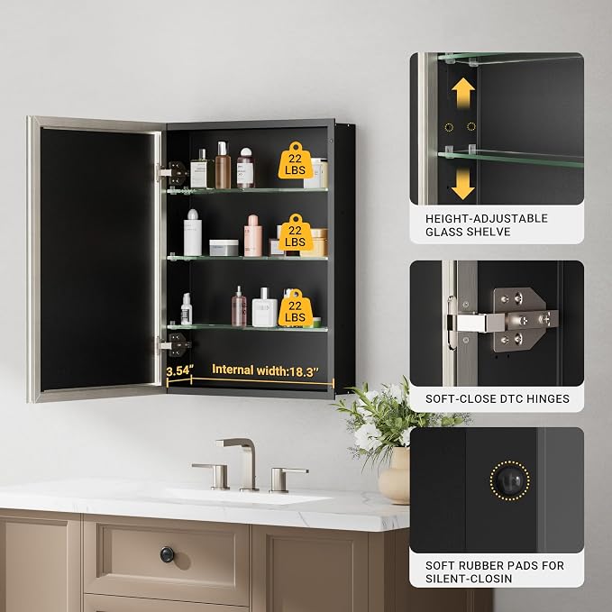 20''x 26'' Brushed Nickel Medicine Cabinet, Recessed or Surface Framed Medicine - Image 7