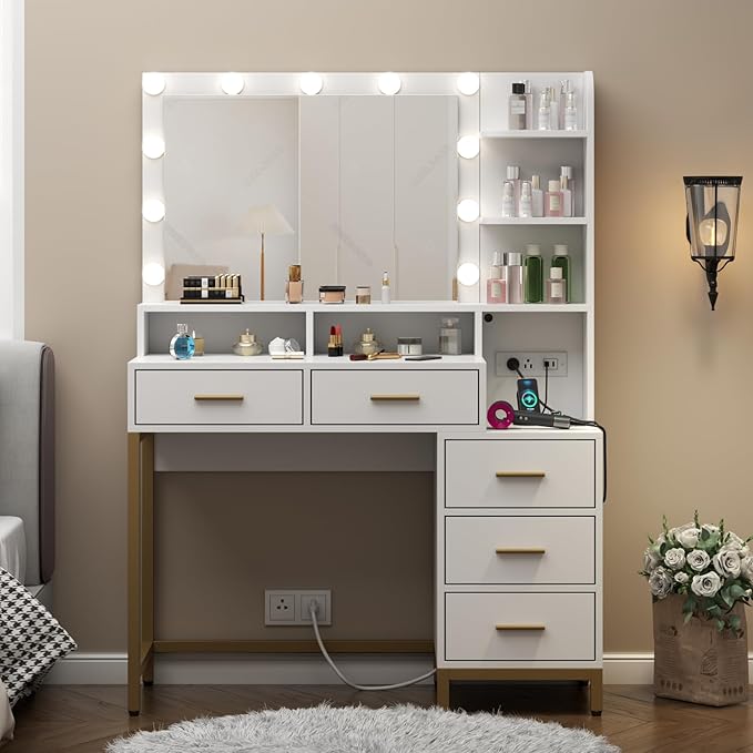 Loomie Large Makeup Table with Lighted Mirror & Power Outlet, Vanity Desk with - Image 3