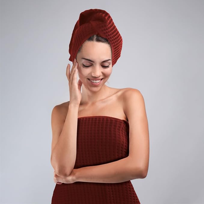 PÜSKÜL Organic Waffle Kitchen Towel 100% Turkish Cotton Set of 3 Red Brick - Image 6
