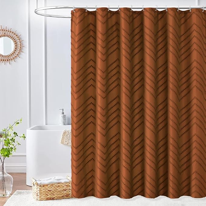 Orange Shower Curtain 72 x 72 Vintage Farmhouse Textured Tufted Chevron Striped - Image 6