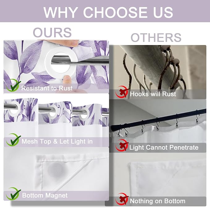 No Hook Shower Curtain and Liner Set, Light Purple Eucalyptus Floral Shower - Image 6