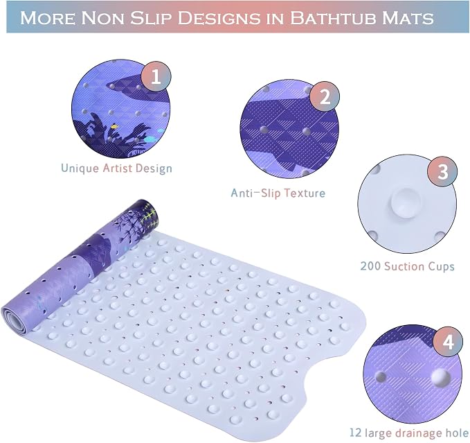 Blue Sea Bathtub Mat Non Slip for Kids 40x16in Extra Long Shark Ocean Whale - Image 4