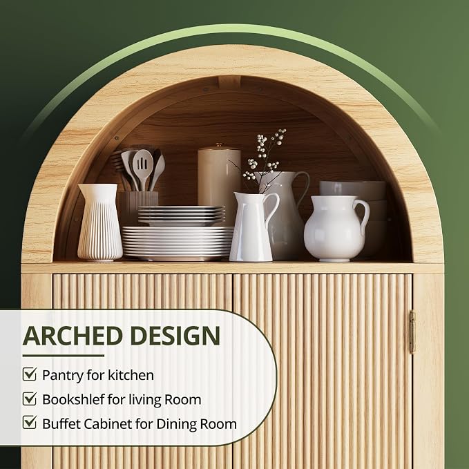 71" Tall Arched Kitchen Pantry, Wood Kitchen Storage Cabinet - Image 5