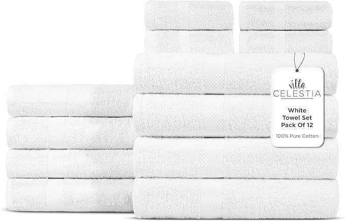 100% Cotton Bath Towel Set of 12-4 Bath Towels, 4 Hand Towels, 4 Wash Cloths by VillaCelestia