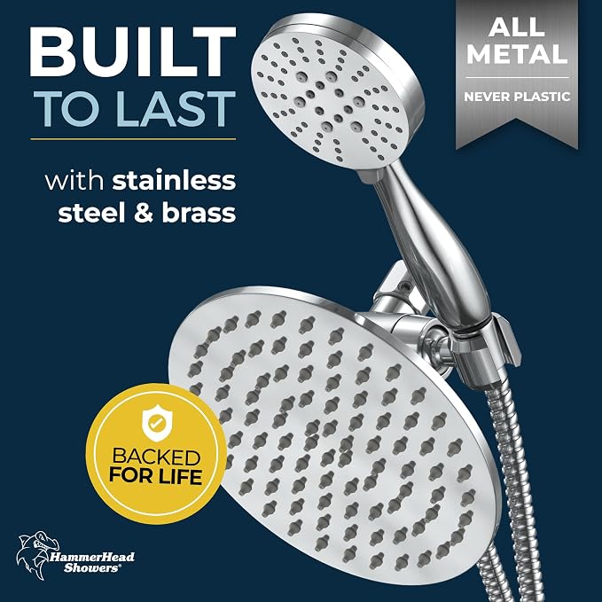 HammerHead Showers Dual Shower Head Combo, 8-Inch Rainfall & 3-Flow Handheld - Image 2