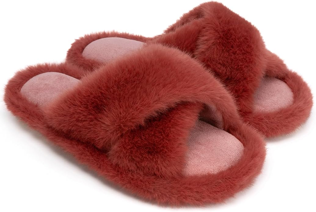 Chantomoo Womens Slippers Memory Foam Fuzzy Cross Band Faux Fur Slippers by Chantomoo