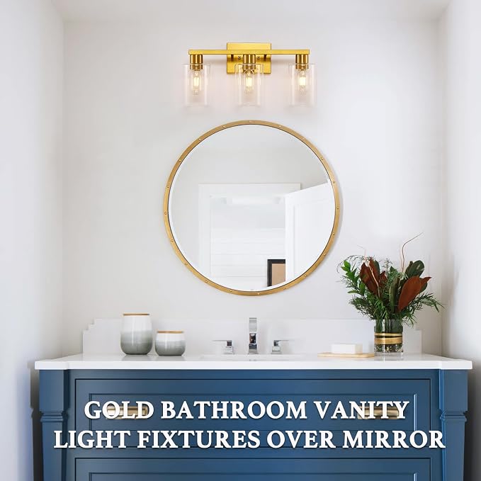 Gold 3-Light Bathroom Vanity Light, Modern Brushed Gold Vanity Lights - Image 6