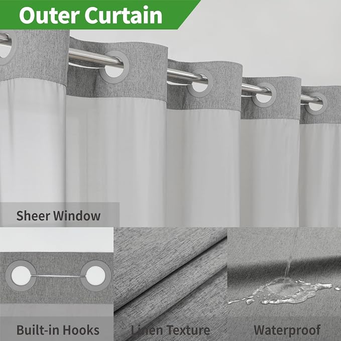 Long No Hooks Needed Linen Textured Shower Curtain - Image 3
