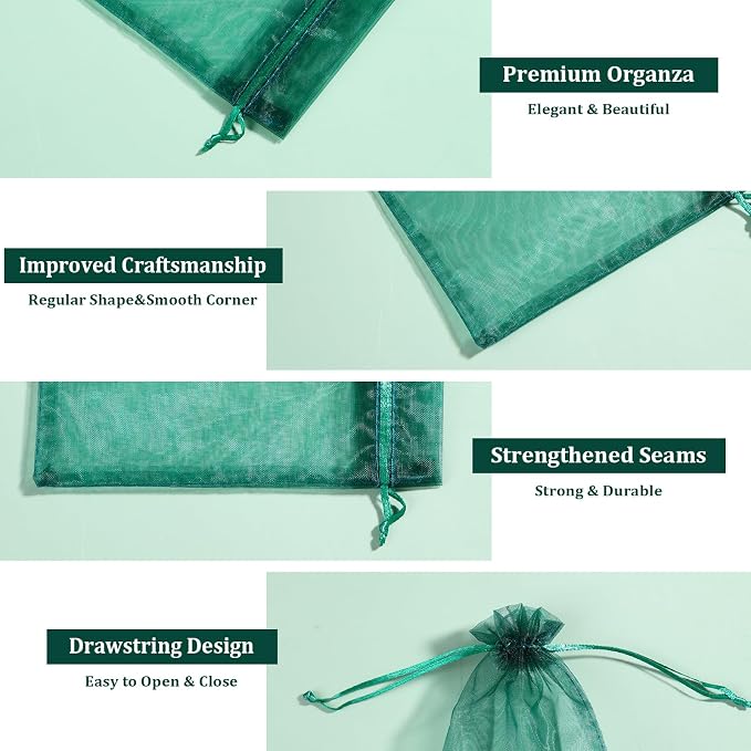 Hopttreely 100PCS Dark Green Organza Bags, 4X4.72 inch Mesh Bags Drawstring - Image 3