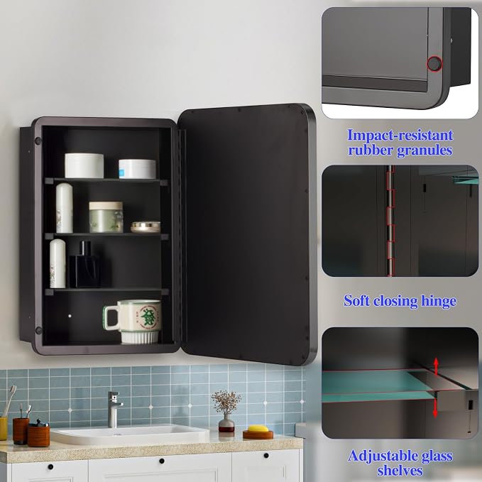 Bathroom Medicine Cabinet with 20"x26" Stainless Steel Framed Mirror, Recessed - Image 6
