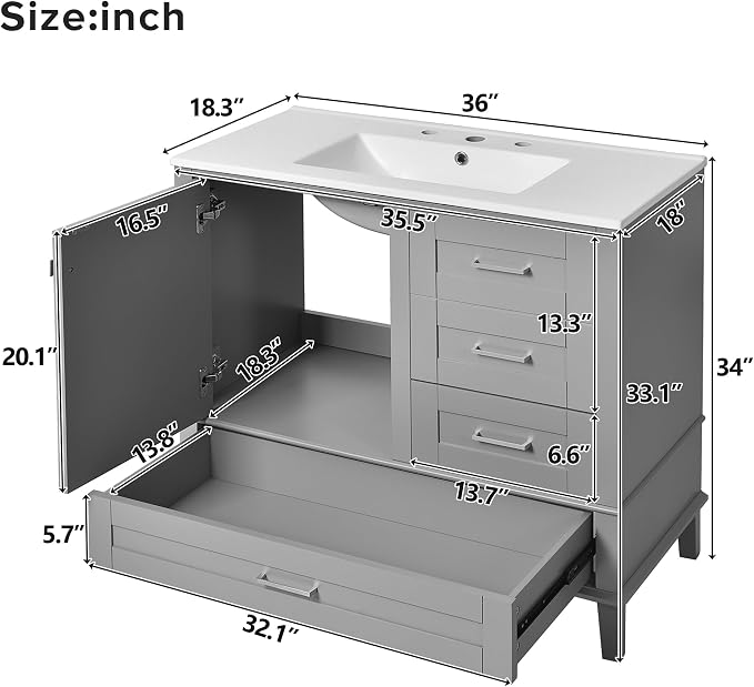 36" Bathroom Vanity with Solid Pine Frame, 1 Soft Close Door and 3 Drawers - Image 2