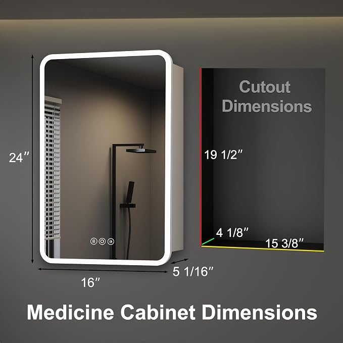 Medicine Cabinet with LED Lights and Mirror, 16 x 24 Inch Surface or Recessed - Image 2