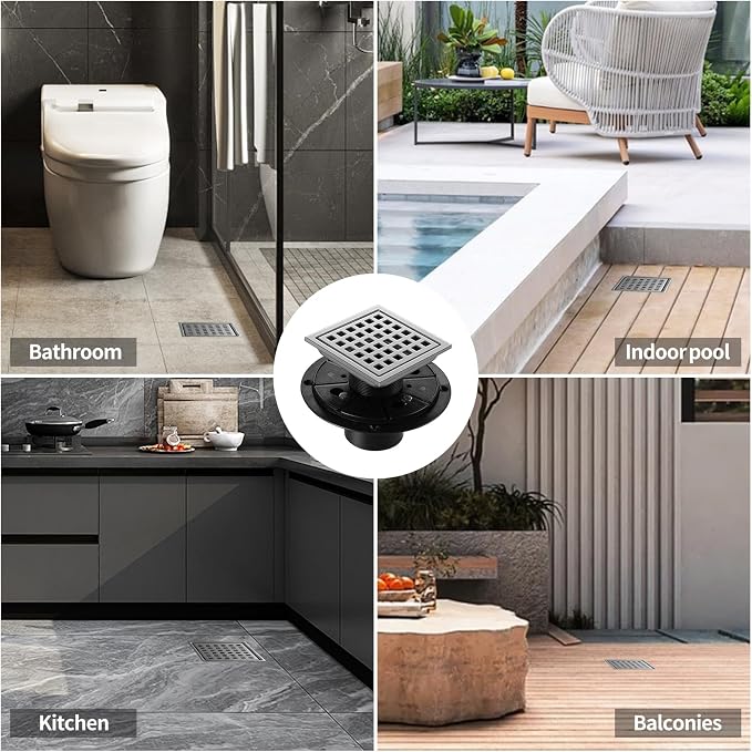 Shower Drain, Chrome 4 inch Square Shower Floor Drain - Image 8