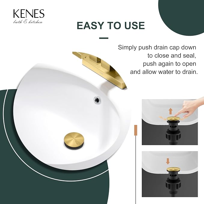 KENES Brushed Gold Pop Up Bathroom Sink Drain - Image 4