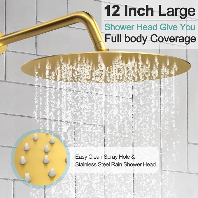 SR SUN RISE 12 Inch Brushed Gold Shower System, Wall-Mount Adjustable 16-Inch - Image 4
