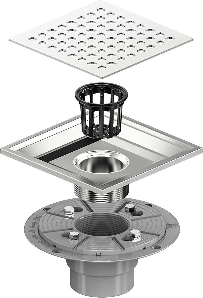 Neodrain Square Shower Drain, 6 inch Stainless Steel 304 Grate and PVC Drain - Image 7