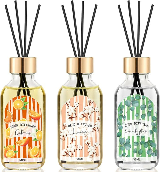 3 Pack Reed Diffuser Set, Linen Eucalyptus Citrus Scented Oil Reed Diffusers by THEGOODSOULPROJECT