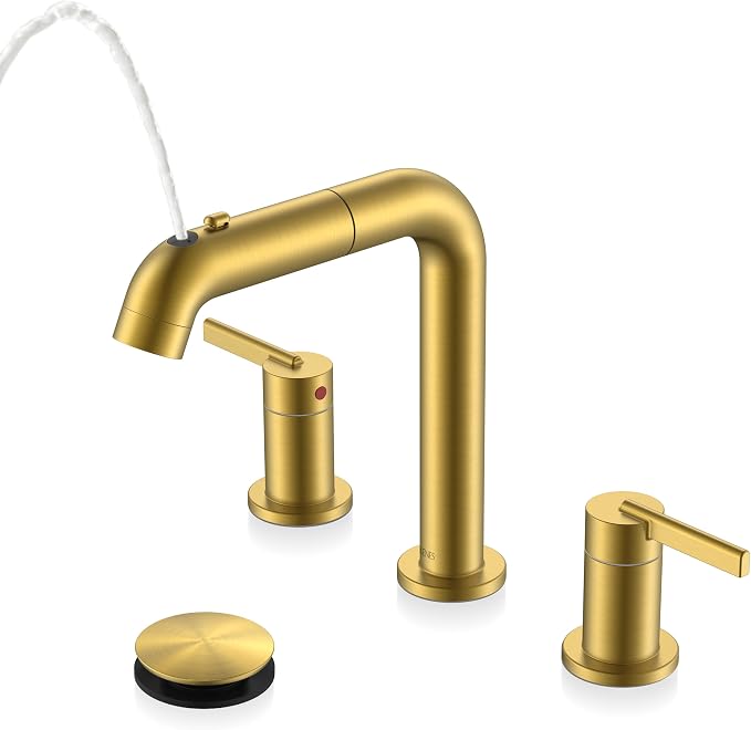 KENES Brushed Gold Pull Down Bathroom Faucet, 8 Inch 2 Handle Widespread by KENESBathroomKitchen
