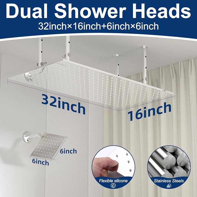Dual Shower Heads System 16"x32" Ceiling Mount Rainfall and 6" Wall Mounted - Image 3