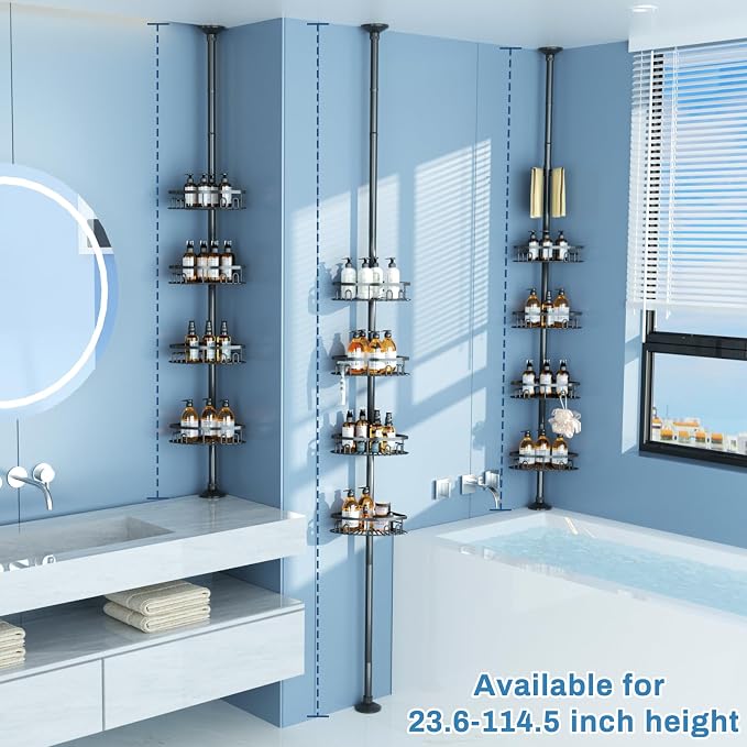 Rustproof Corner Shower Caddy Freestanding Tension Pole, 4 Large Baskets - Image 2
