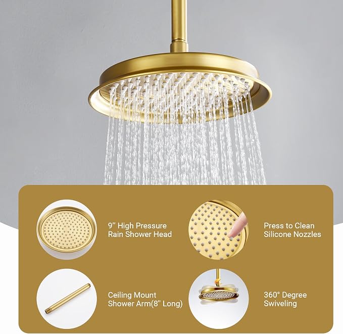 DASAN Brushed Gold Rain Shower System Complete Antique Shower Faucet Sets - Image 4