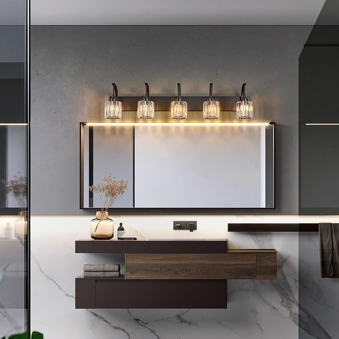 5-Light Crystal Vanity Light, Modern Black Bathroom Wall Sconce - Image 7