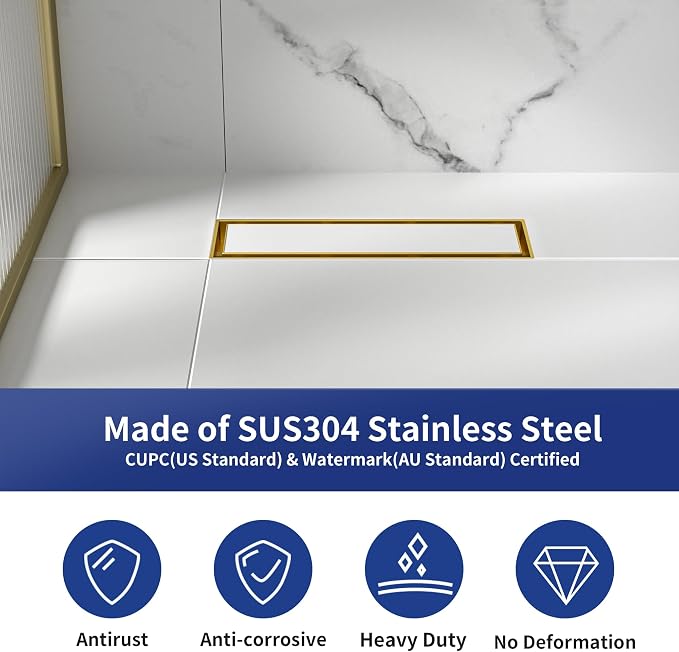 Linear Shower Drain 12", Brushed Gold Floor Drain - Image 5