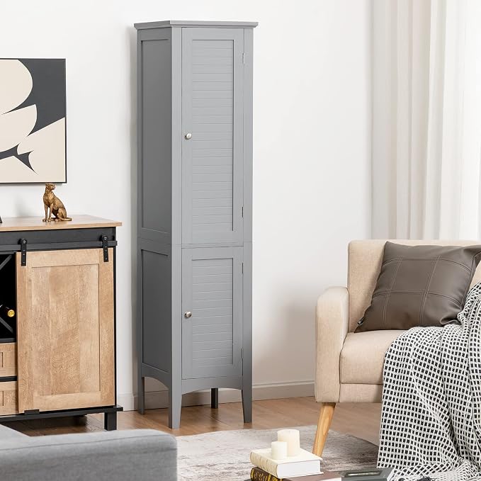 COSTWAY Tall Bathroom Storage Cabinet, 5-Tier Freestanding Linen Tower Cabinet - Image 2