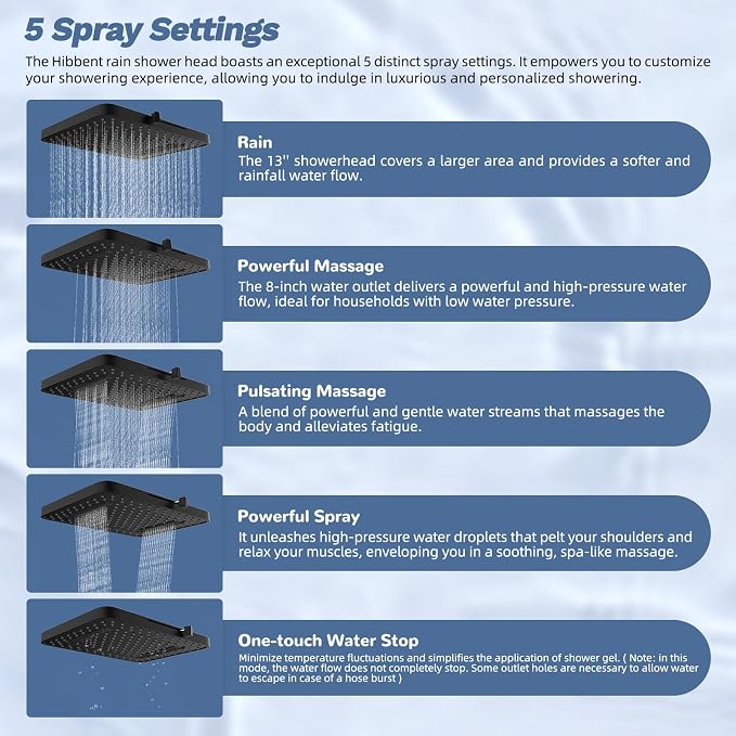 Hibbent 5-spray Filtered Rainfall Shower Head Combo, High Pressure 13'' - Image 2