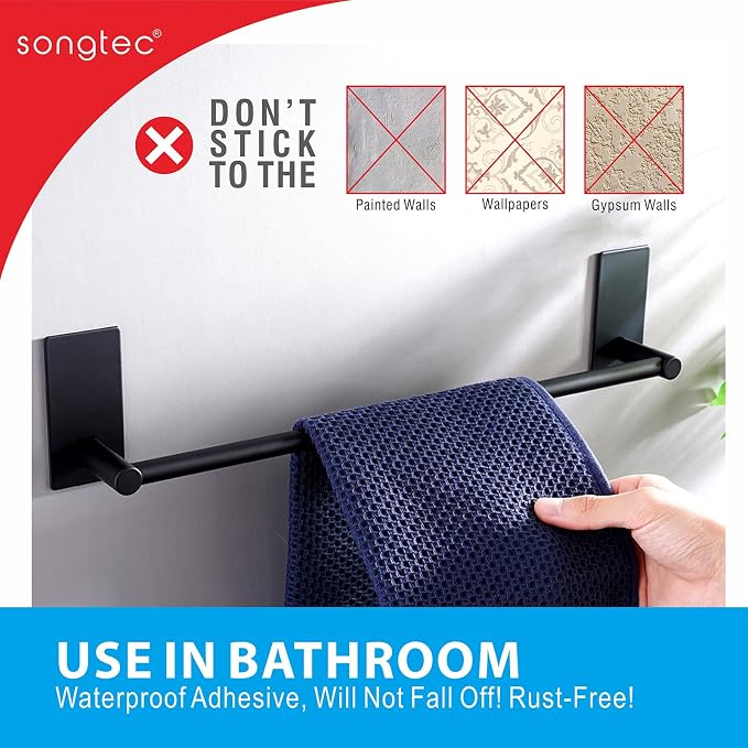 Adhesive Bath Towel Bar 24-inch Black, No Drill Stick On Towel Rack, Easy - Image 5