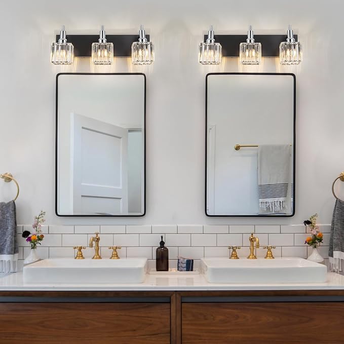 Black Chrome Bathroom Vanity Lights, Modern 3 Lights Crystal Bathroom Lighting - Image 5