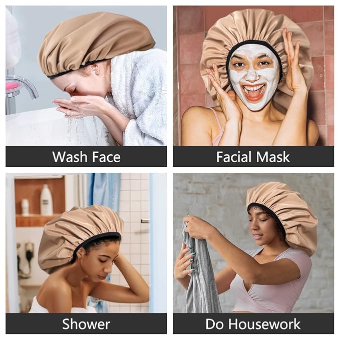 Auban Extra Large Shower Cap for Braids, Double-Layer Waterproof Reusable Satin - Image 8